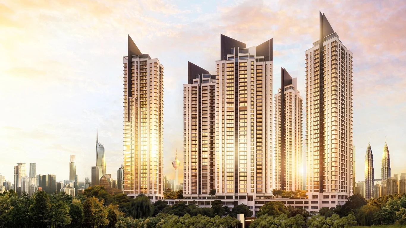 Cappella Embassy's five towers at golden hour above Embassy Row, Ampang Hilir, with the Kuala Lumpur skyline behind , artist's impression