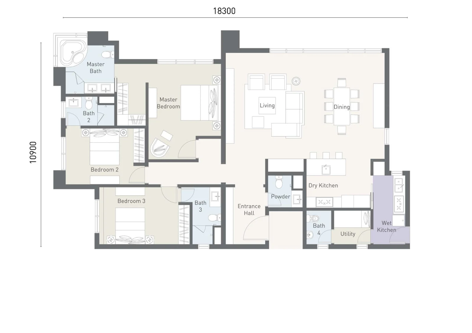 Type B floor plan at Cappella Embassy, 1,927 sq ft (179 m²), 3+1 bedrooms with wet and dry kitchen