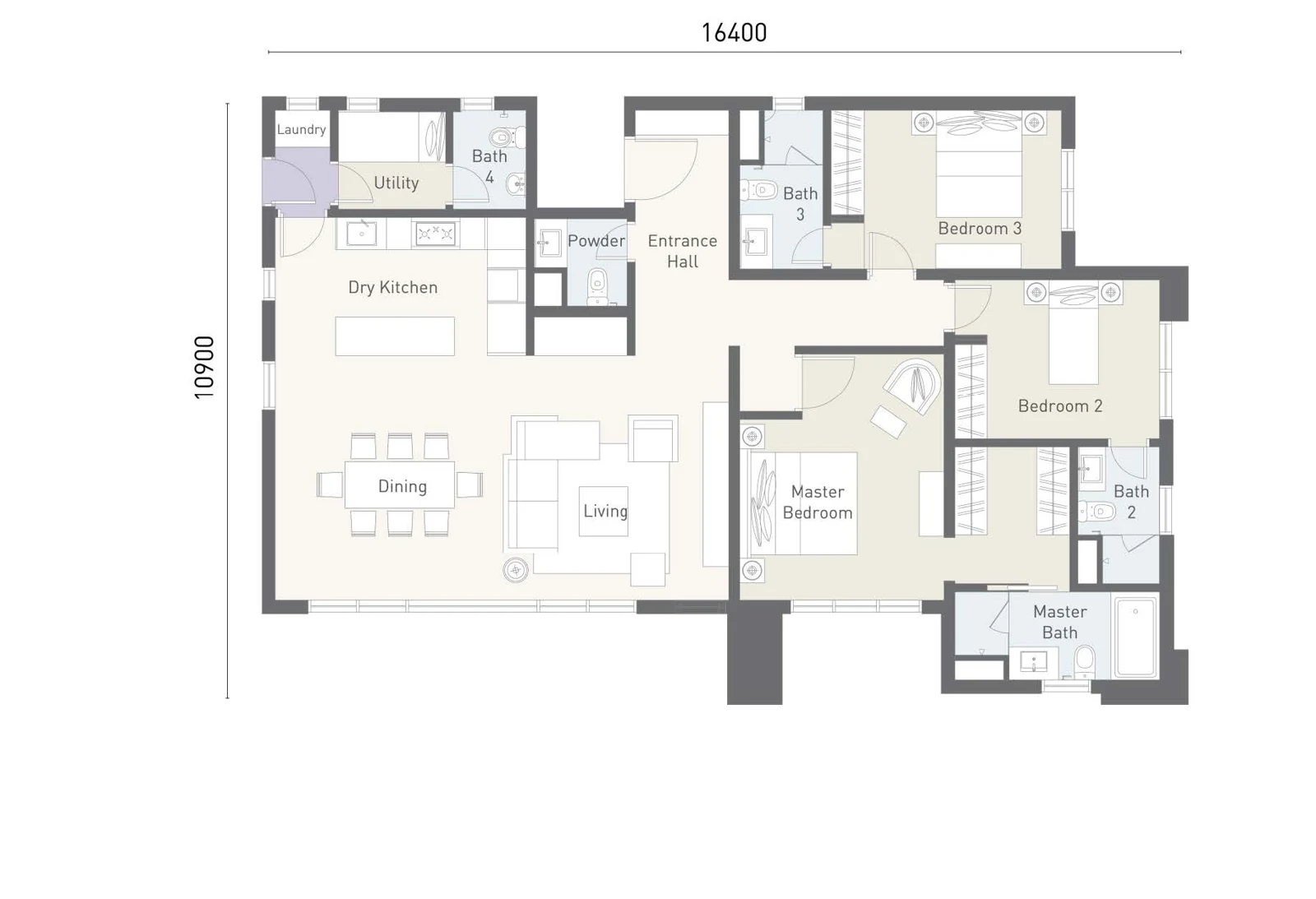 Type C floor plan at Cappella Embassy, 1,625 sq ft (151 m²), 3+1 bedrooms with dry kitchen and utility