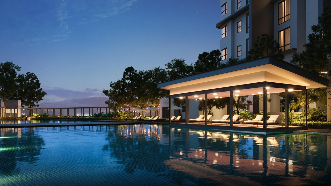 Poolside pavilion at Cappella Embassy at dusk, glazed cabana reflected in the water , artist's impression